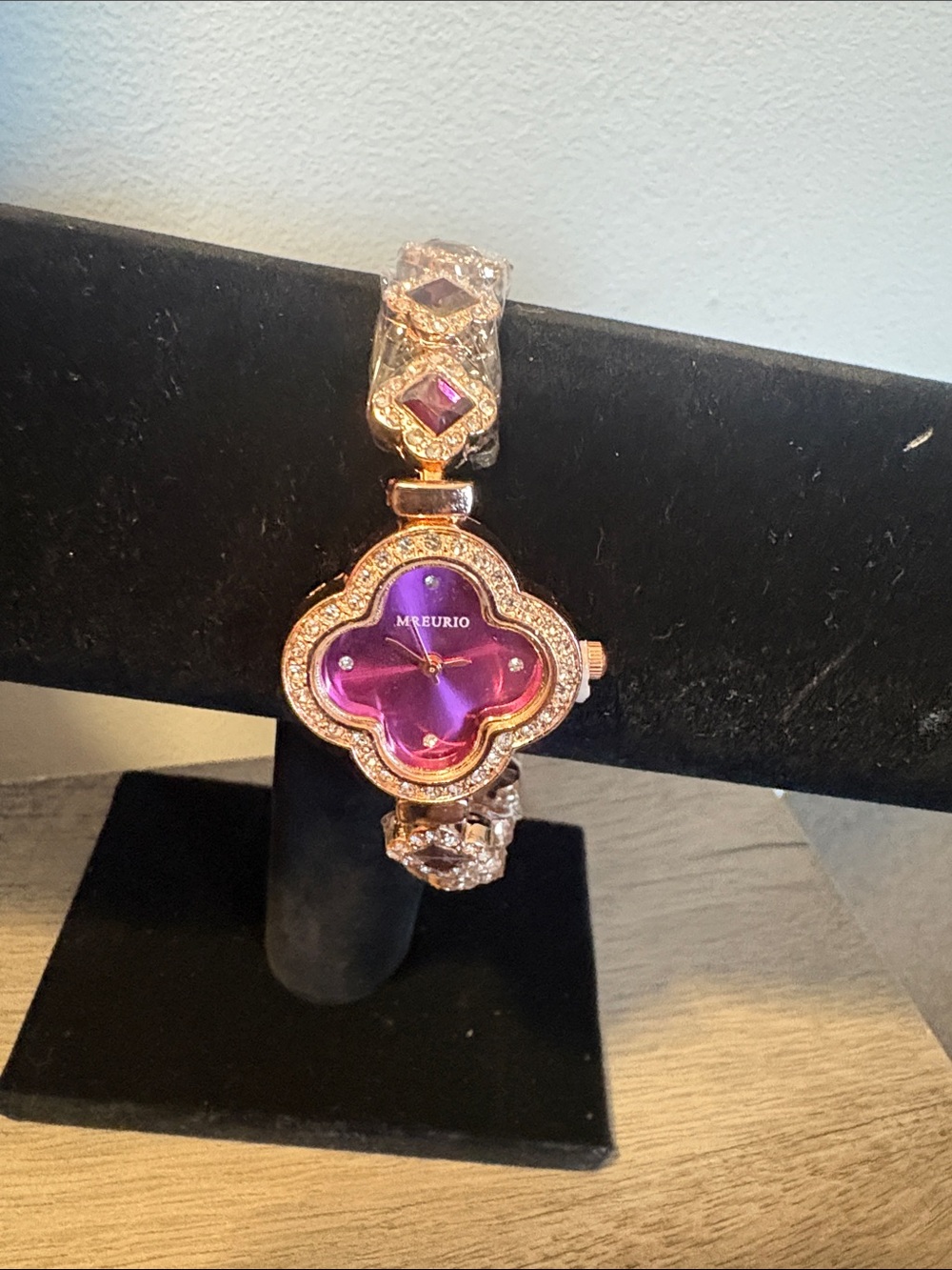 Purple Clover Rhinestone Rose Gold-Tone Quartz Bracelet Watch